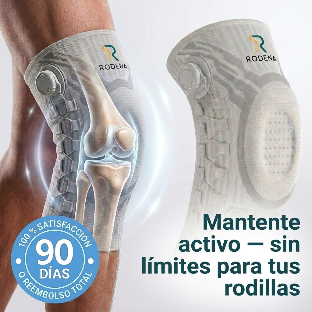 Rodillera Rodena de perfil, con la articulación de la rodilla resaltada en azul